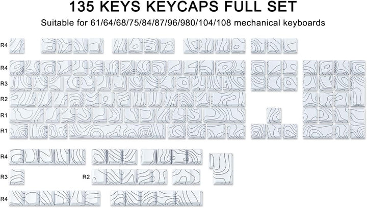 Sunzit Custom Keycaps 135 Tasten PBT Keycap Set,Cherry Profile Keycaps Dye-Sub White Topographic Key