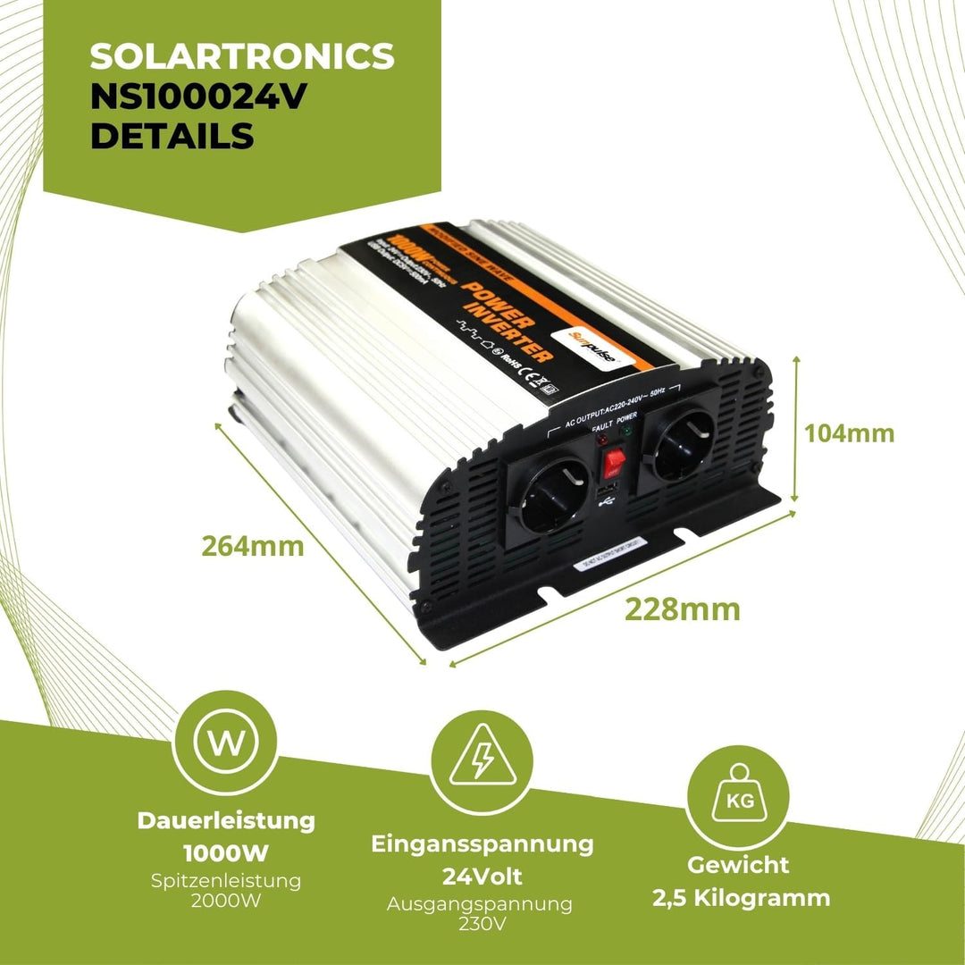 SOLARTRONICS NS1000 Spannungswandler 24V 230V modifizierter Sinus 1000W/2000W Wechselrichter 24V auf