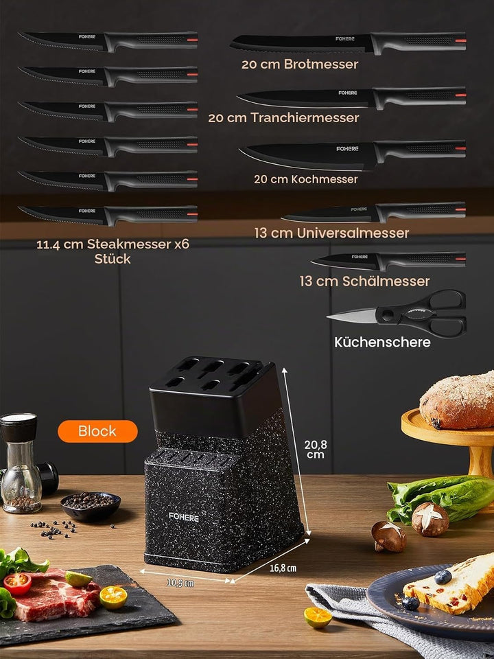 FOHERE Messerblock set 13 Teilig Messerset mit Messerschärfer Scharf Edelstahl Küchenmesserset mit M