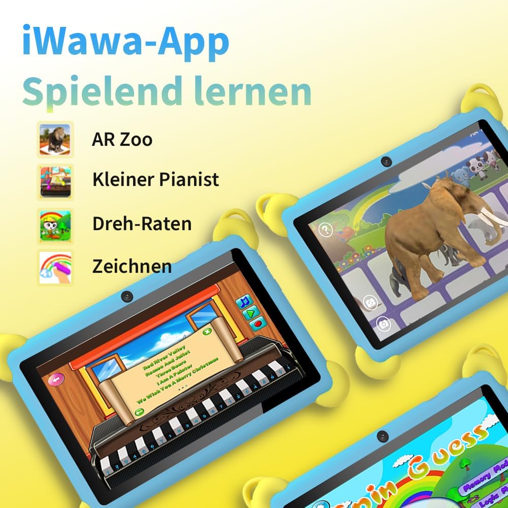 Veidoo 7-Zoll Android Kinder-Tablet, 2+32 GB, Dual-Kameras, stossfeste Hülle, integriertes Hasen-Stä
