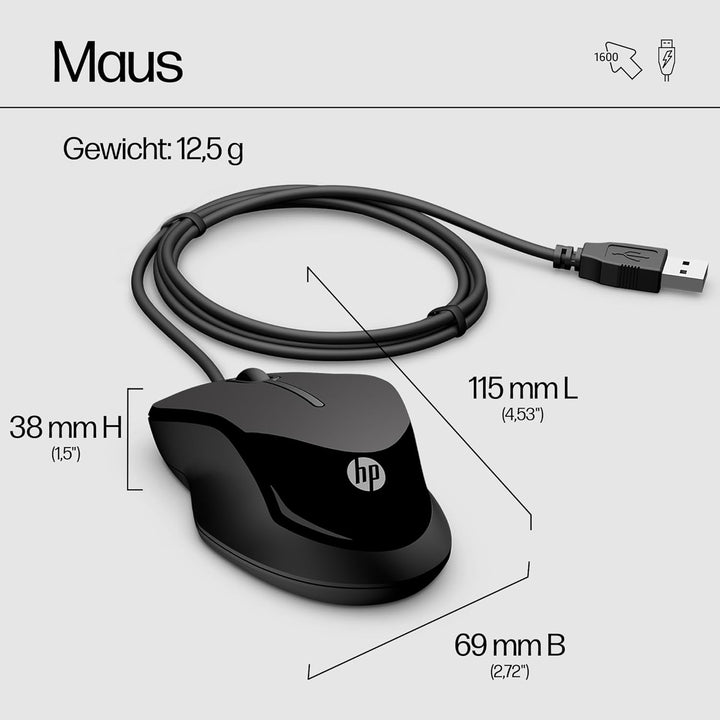 HP Pavilion Kombi Tastatur und Maus 200 (QWERTZ, kabelgebunden, 1.600 DPI, USB-Anschluss) schwarz