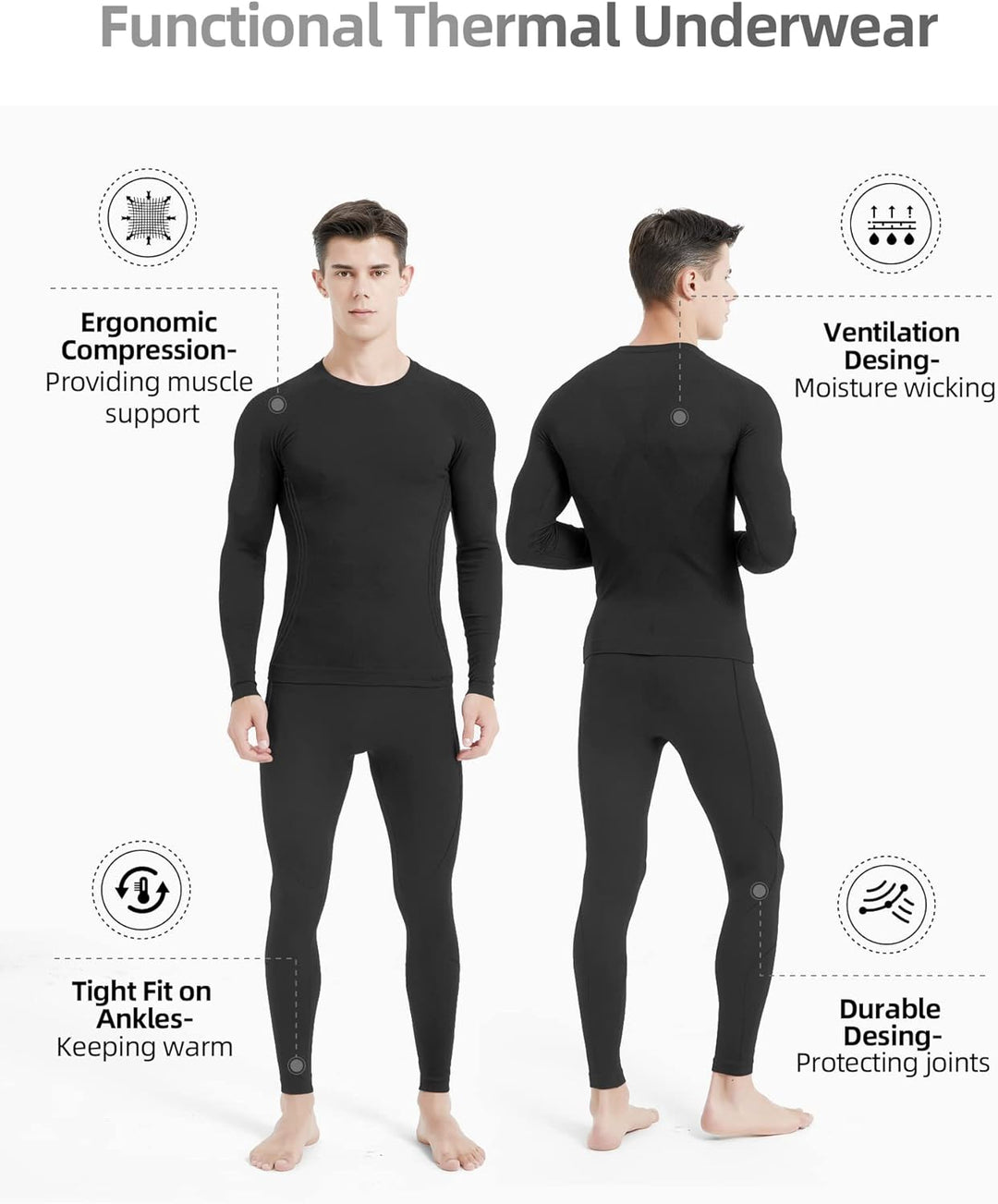 NOOYME Thermounterwäsche Herren Warm Atmungsaktiv Flexibel Skiunterwäsche Weich Thermo Unterwäsche M