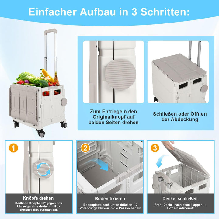 Einkaufstrolley Klappbar, mit neigbarer Teleskopgriff &amp; Deckel, 4 x 360° Rollen, bis 30 kg, 50 Liter