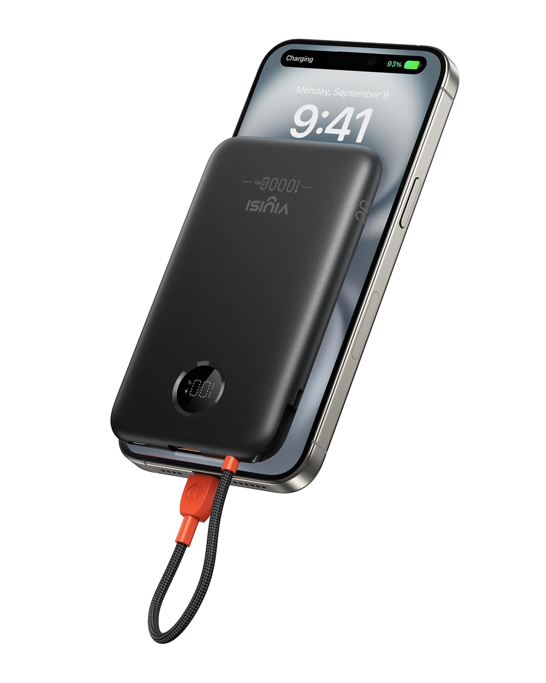 VIYISI Powerbank 10000mAh Ultradünn, 22.5W PD 20W Fast Charge mit Integriertem USB-C Kabel, LED-Anze