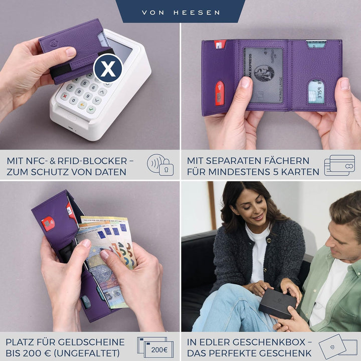 VON HEESEN Slim Wallet mit Münzfach &amp; RFID-Schutz - Leder Geldbeutel - Mini Geldbörse für Herren und