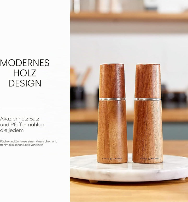 Cole & Mason Marlow Acacia Salzmühle und Pfeffermühle Holz, 2er Set, Akazienholz, 18.5cm, Gewürzmühl