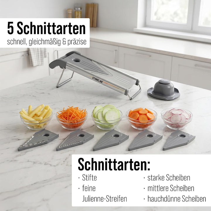 STONELINE V Hobel Gemüseschneider Set 9 teilig für Scheiben Stifte Streifen Würfel, mit 5 Schneid-Ei