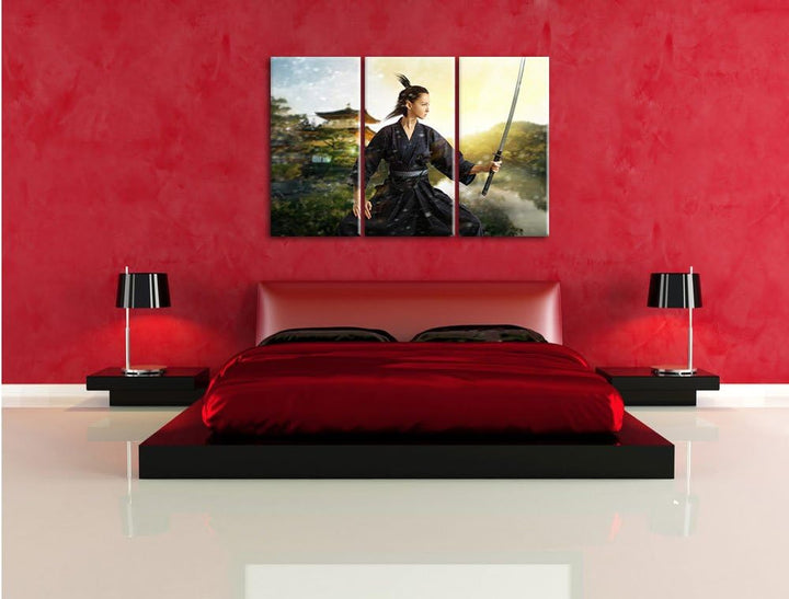 Pixxprint Samurai-Kriegerin Schnee / 3-Teilig/Gesamtmass 120cm Leinwandbild bespannt auf Holzrahmen/