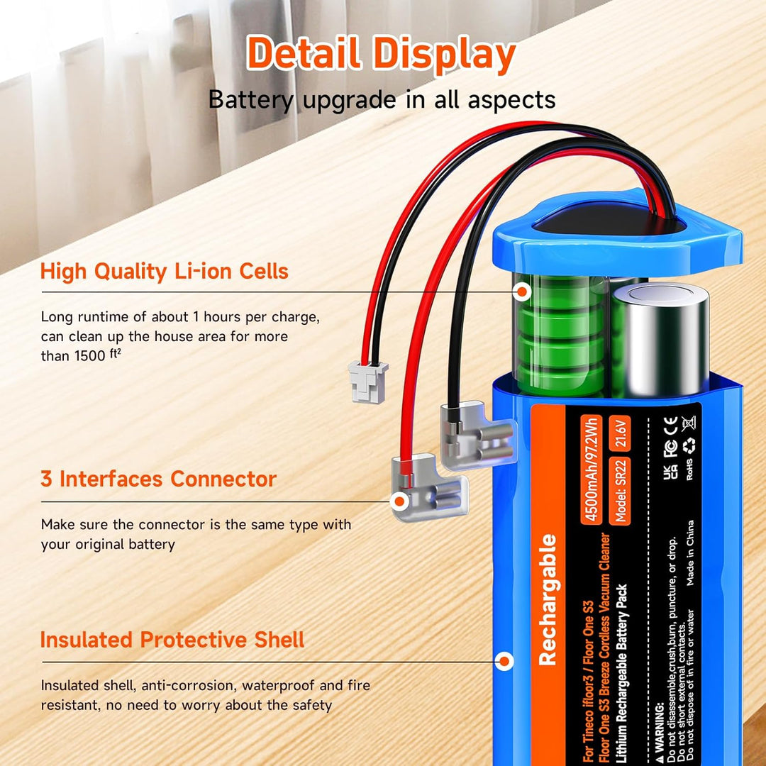 4500mAh/21,6V Nass-Trockensauger Akku für Tineco Floor ONE S3, Floor ONE S3 Breeze Cordless Wet Dry