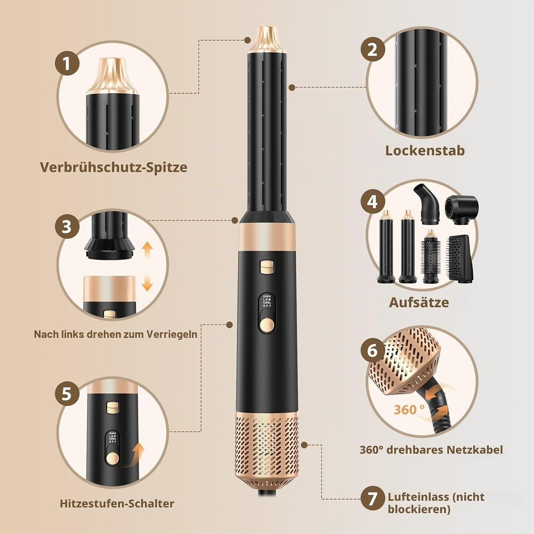 Sendowtek Haarstyler 6 in 1, Airstyler Set 950W Multi Haarstyling Geräte mit 3 Temp Lockenstab Warml