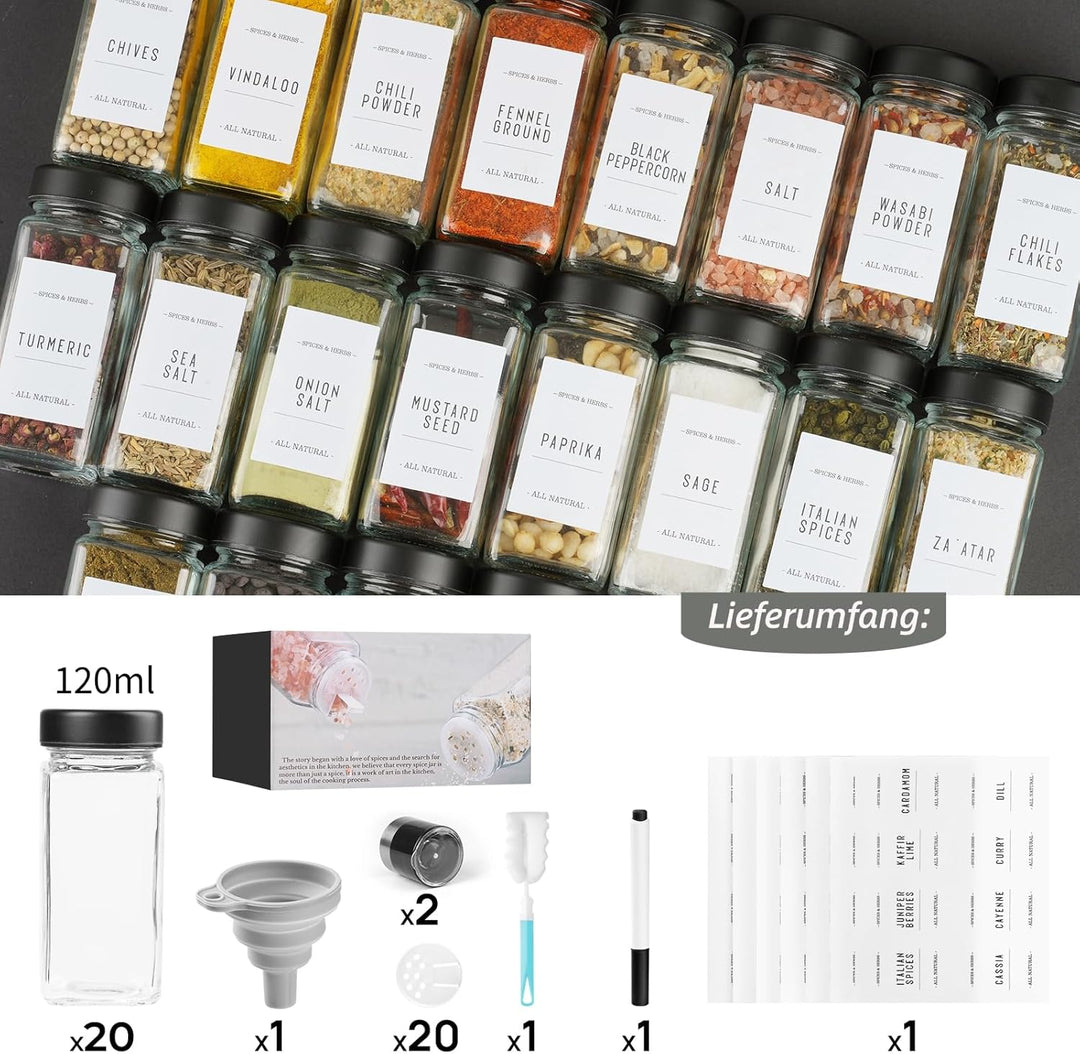 FRIBERG Gewürzgläser mit Streueinsatz [20x 120ml],Gewürzgläser Eckig Set mit Edelstahl Deckel,mit 2