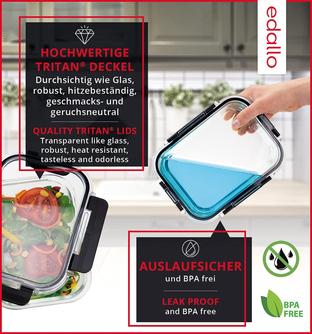 edallo NEU TRITAN - 4 vielseitige Frischhaltedosen mit TRITAN Deckel & premium Glas - Luftdicht, aus