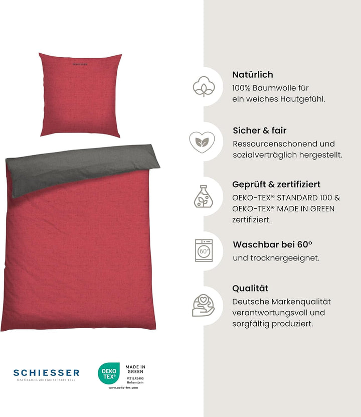 Schiesser Wendebettwäsche Doubleface Rot-Anthrazit, 100% Baumwolle, Grösse:135 x 200 cm + 80 x 80 cm
