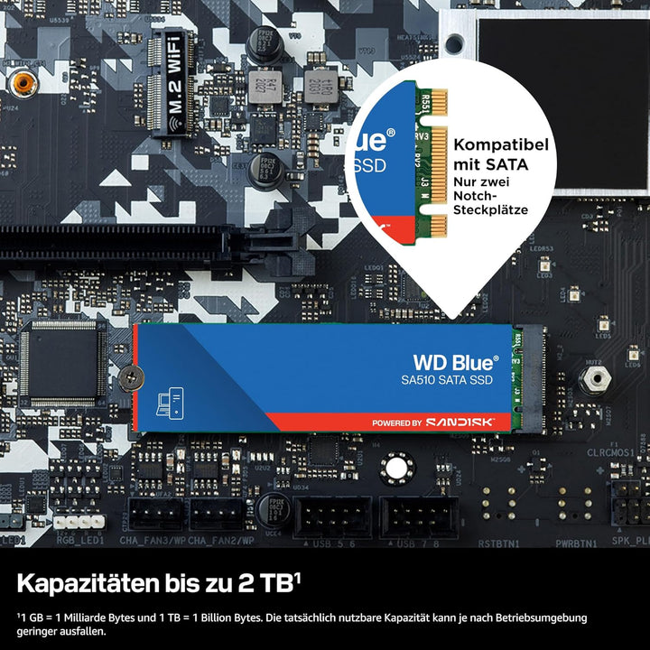 WD Blue SA510 SATA SSD 250 GB M.2 2280 (Lesen bis 555 MB/s, Schreiben bis 440 MB/s, Upgrade für PC/L