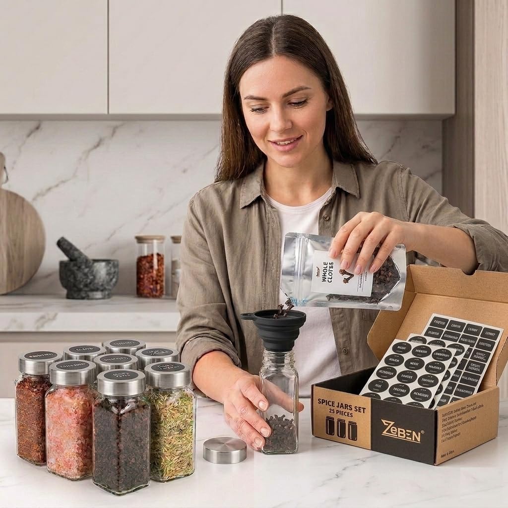 ZEBEN® Gewürzgläser 120ml Set 25 Stück mit Etiketten, Leere Gewürzdosen mit Deckel, Trichter & Reini
