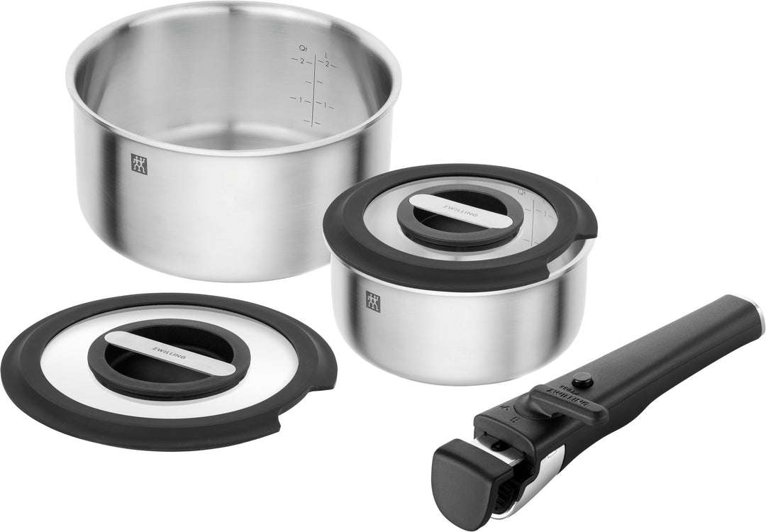 ZWILLING Unlock Kochtopfset 5-tlg (Kochtopf 20+16 cm, Griff, 2 Glasdeckel), Stapelbar, Abnehmbarer G