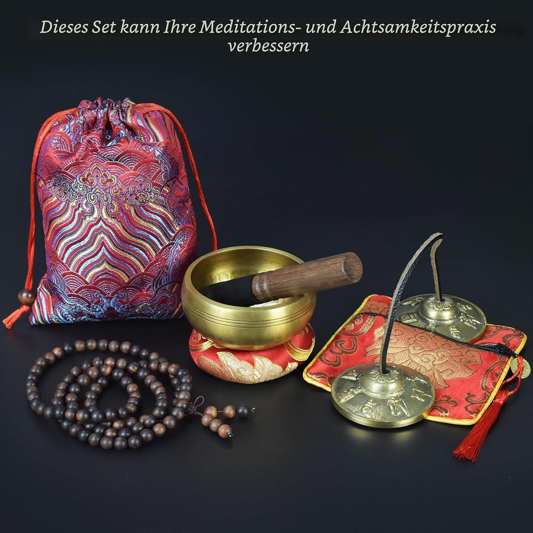Artcome 7PCS Tibetan Meditation Set - Tibetan Singing Bowl & Tibetan Tingsha Cymbals Bells Handmade