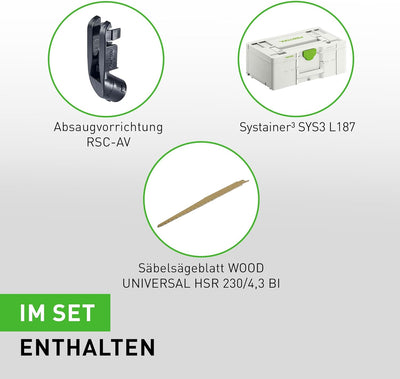 Festool Akku-Säbelsäge RSC 18 EB-Basic (mit Absaugvorrichtung, Säbelsägeblatt WOOD UNIVERSA), im Sys