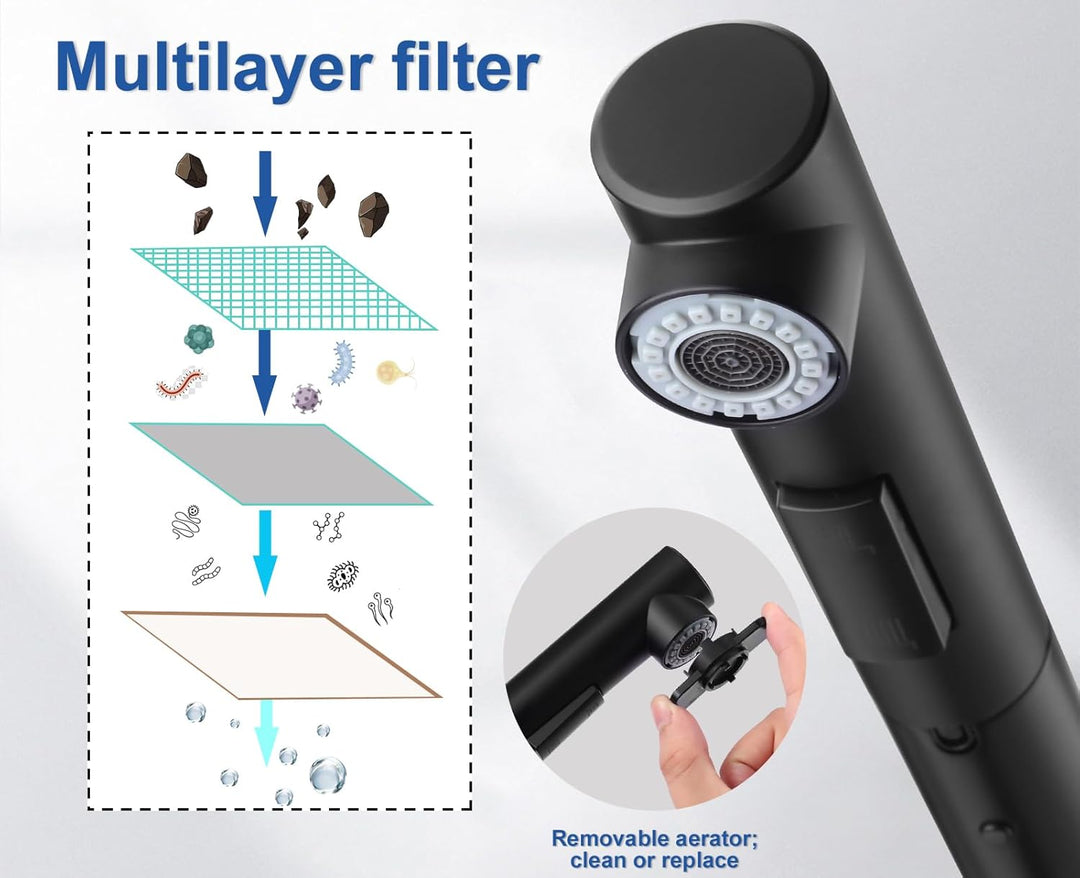Niederdruck Armatur Küche Ausziehbar, WOOHSE Wasserhahn Küche Schwarz mit Brause 2 Strahl, 360° Dreh