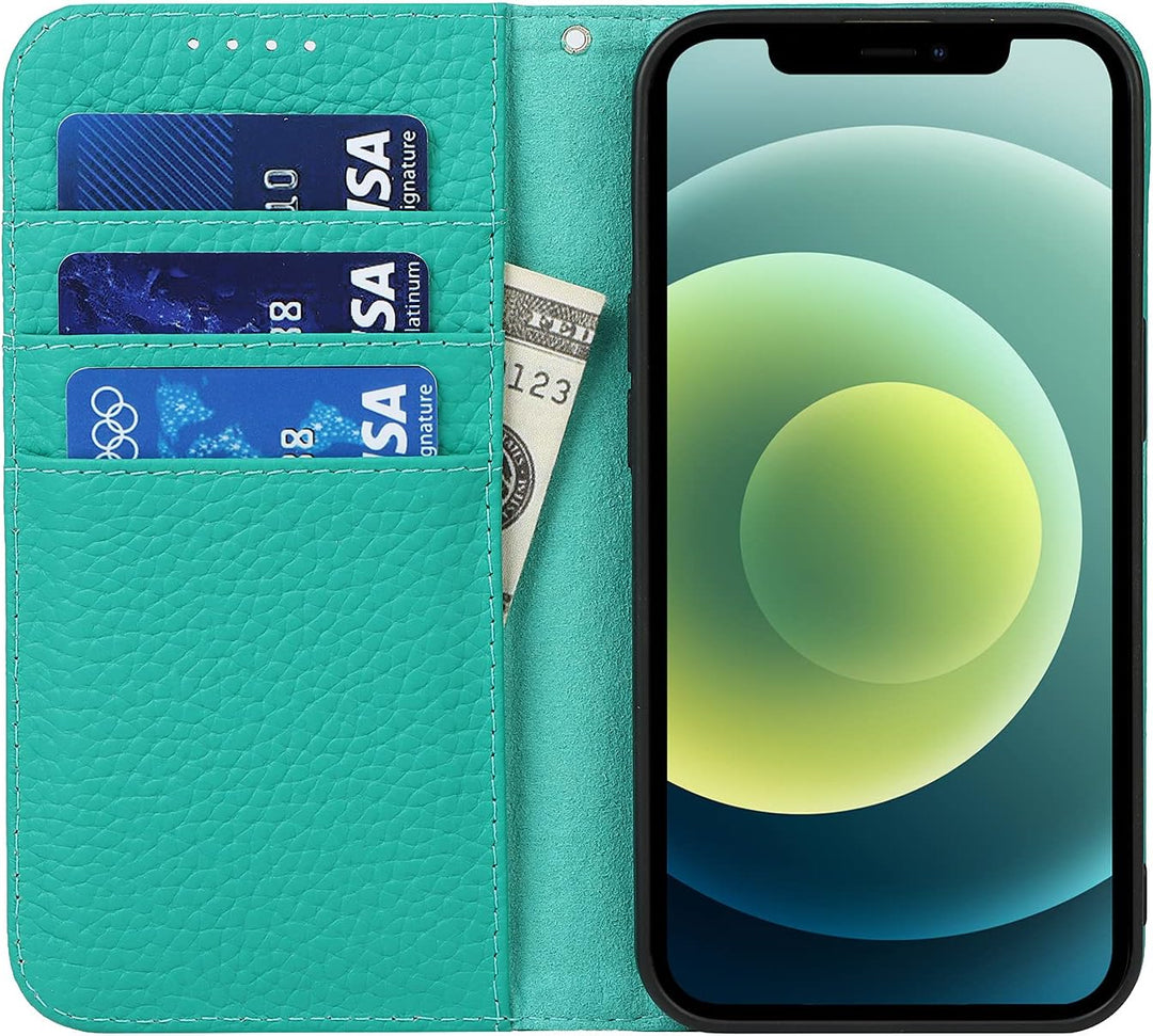 SailorTech Brieftasche Hülle für iPhone 13, Luxus Litschi Genarbtes Echtleder Hülle mit Handschlaufe
