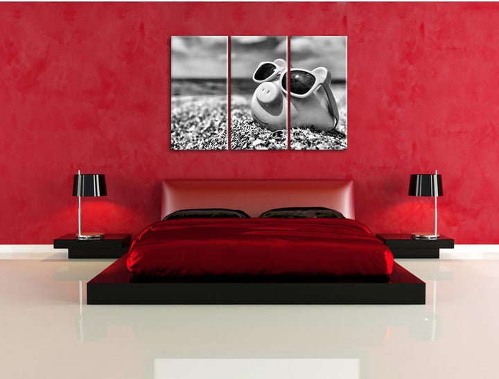 Pixxprint Schweinchen am Strand als Leinwandbild/Grösse: 3 Teilig (120x80) cm/Wandbild/Kunstdruck/fe