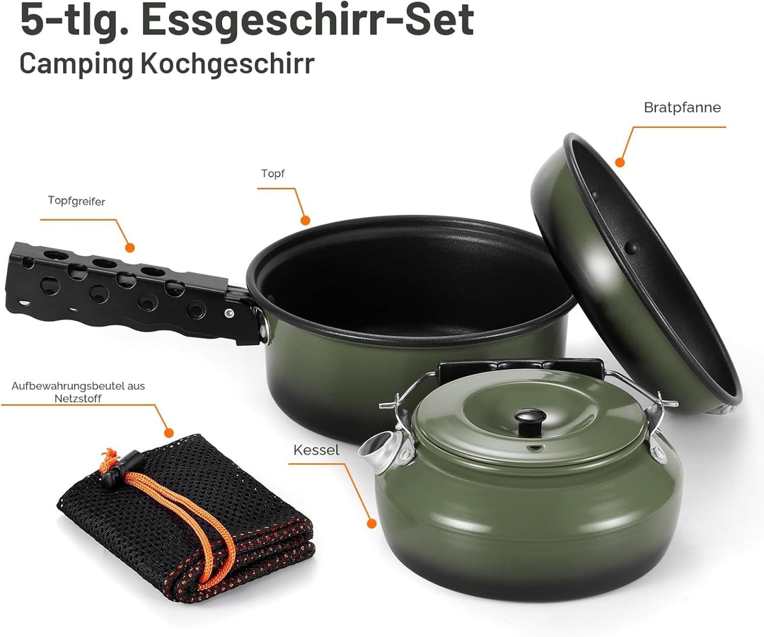 Odoland 5pcs Camping Geschirr Set, Antihaft-Leichtgewicht Topf Pfanne Kettle Set mit einem abnehmbar
