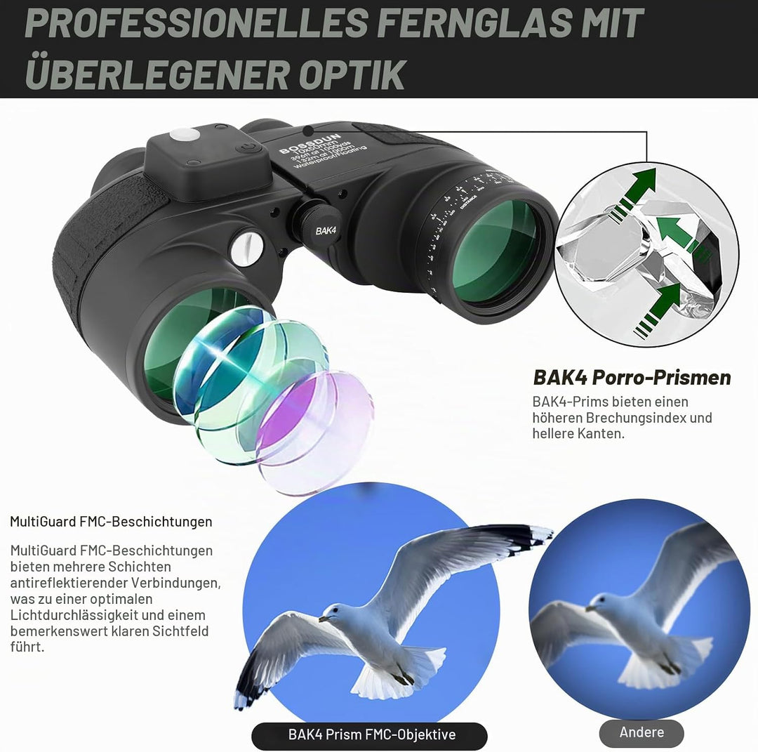 BOSSDUN 10x50 Marine Fernglas,Fernglas mit Nachtsicht Entfernungsmesser und Kompass, für Wassersport