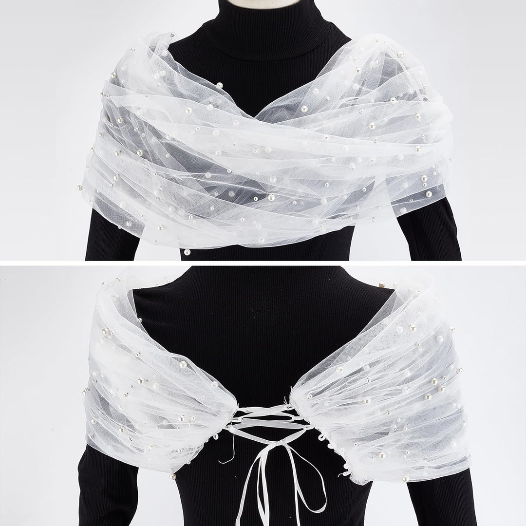 NICENEEDED Weisser Tüll Brautschal Perlen Brautumhang Hochzeit Schulterfreie Capelets Spitze Schal F