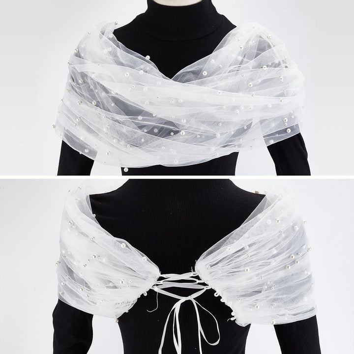 NICENEEDED Weisser Tüll Brautschal Perlen Brautumhang Hochzeit Schulterfreie Capelets Spitze Schal F