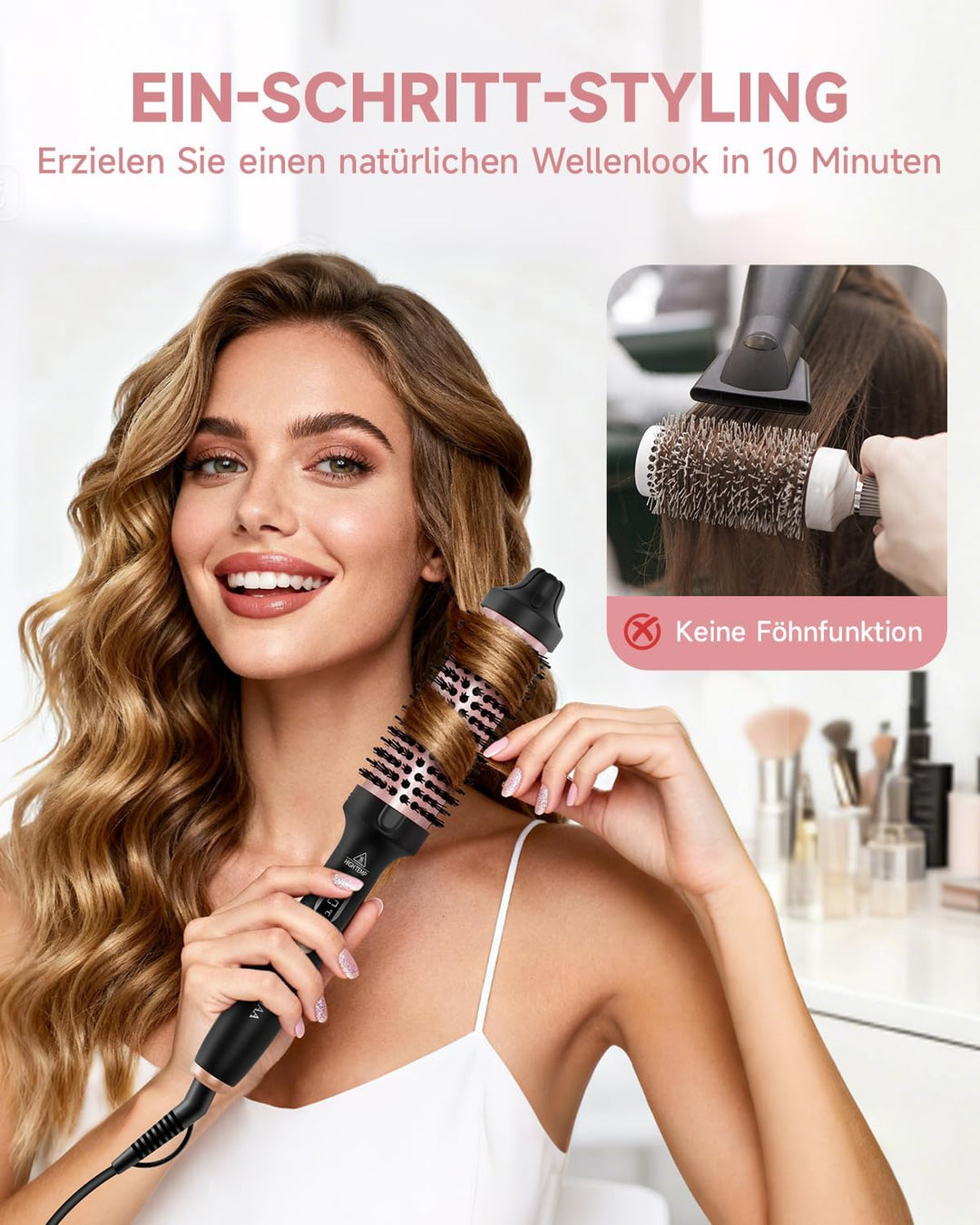 Thermobürste, Thermal Brush 38mm - Runder Heizkamm für natürliche Locken und glatteres Haar, 3 Tempe
