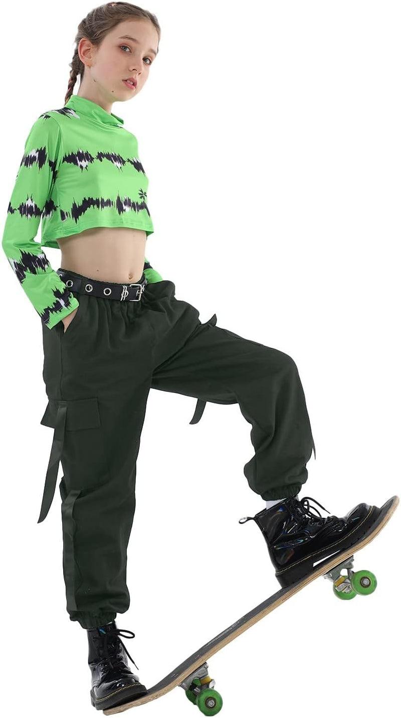 Rolanko Kinder Cargo Hose Elastische Taille Jogger Tanz Hose für Mädchen Streetwear Hip Hop, 122-128