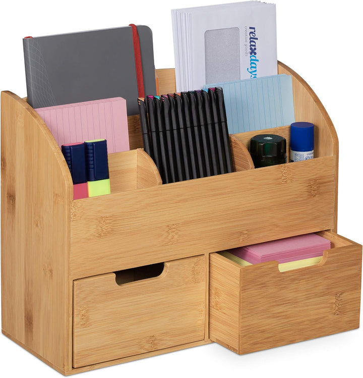 Relaxdays Schreibtisch Organizer, 6 Fächer, 2 Schubladen, für Büroutensilien, Bambus, Briefablage, 2