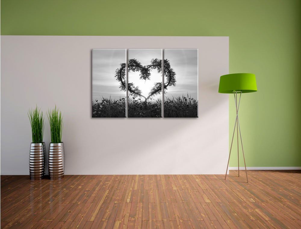 Pixxprint Herz aus Bambus Kunst B&amp;W / 3-Teilig/Gesamtmass 120cm Leinwandbild bespannt auf Holzrahmen