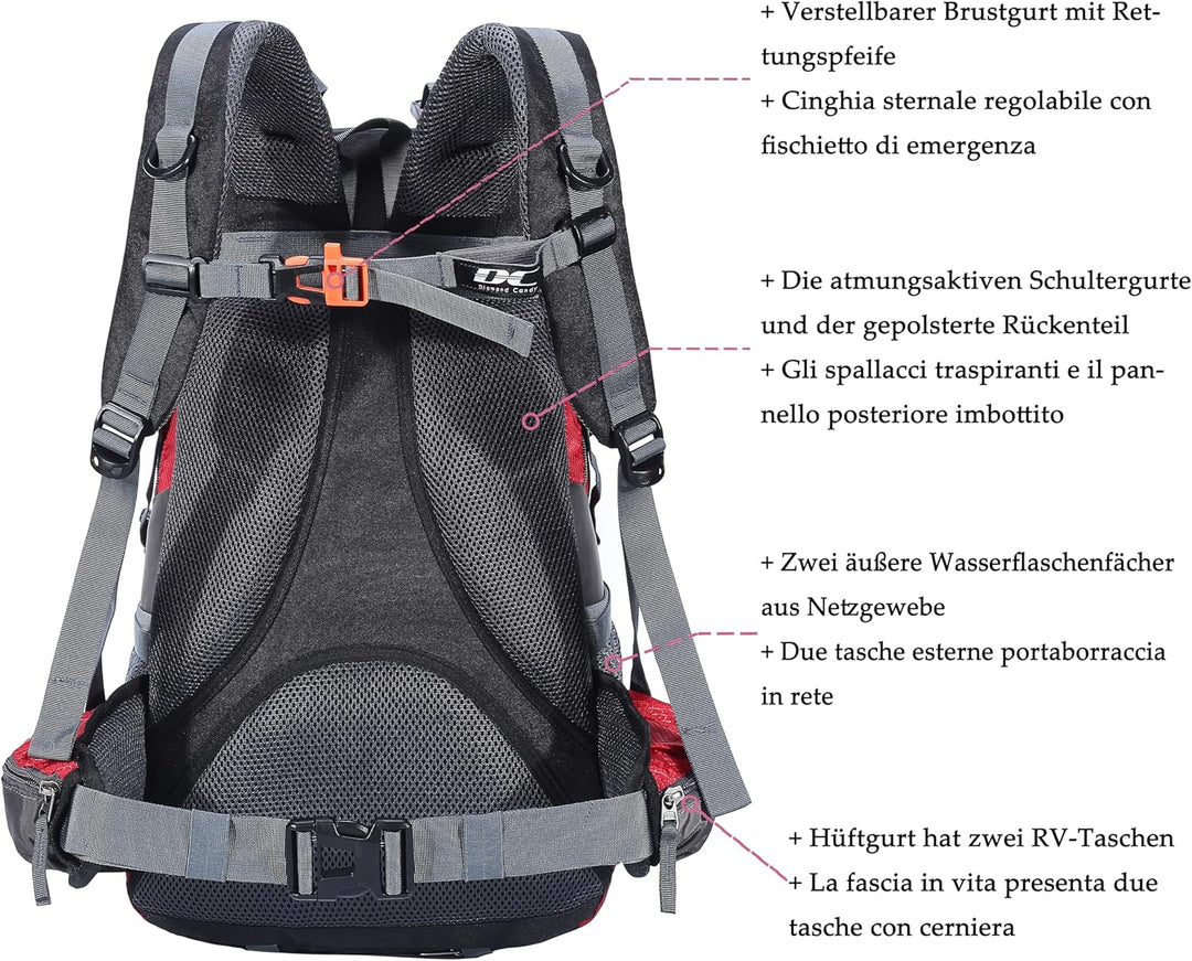 Wanderrucksack 40l Damen Herren Rucksack Wasserdicht Reiserucksack mit Regenschutz Rot, Rot