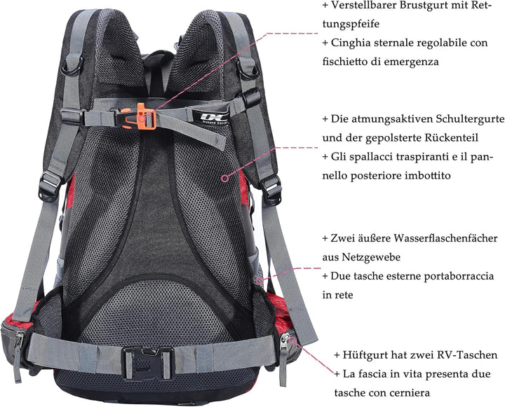 Wanderrucksack 40l Damen Herren Rucksack Wasserdicht Reiserucksack mit Regenschutz Rot, Rot