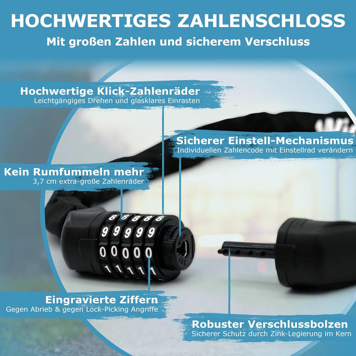WIDDER Fahrradschloss mit Zahlencode [extra-grosse Zahlenräder, 5 Zahlen] - Nur 850g Zahlenschloss -