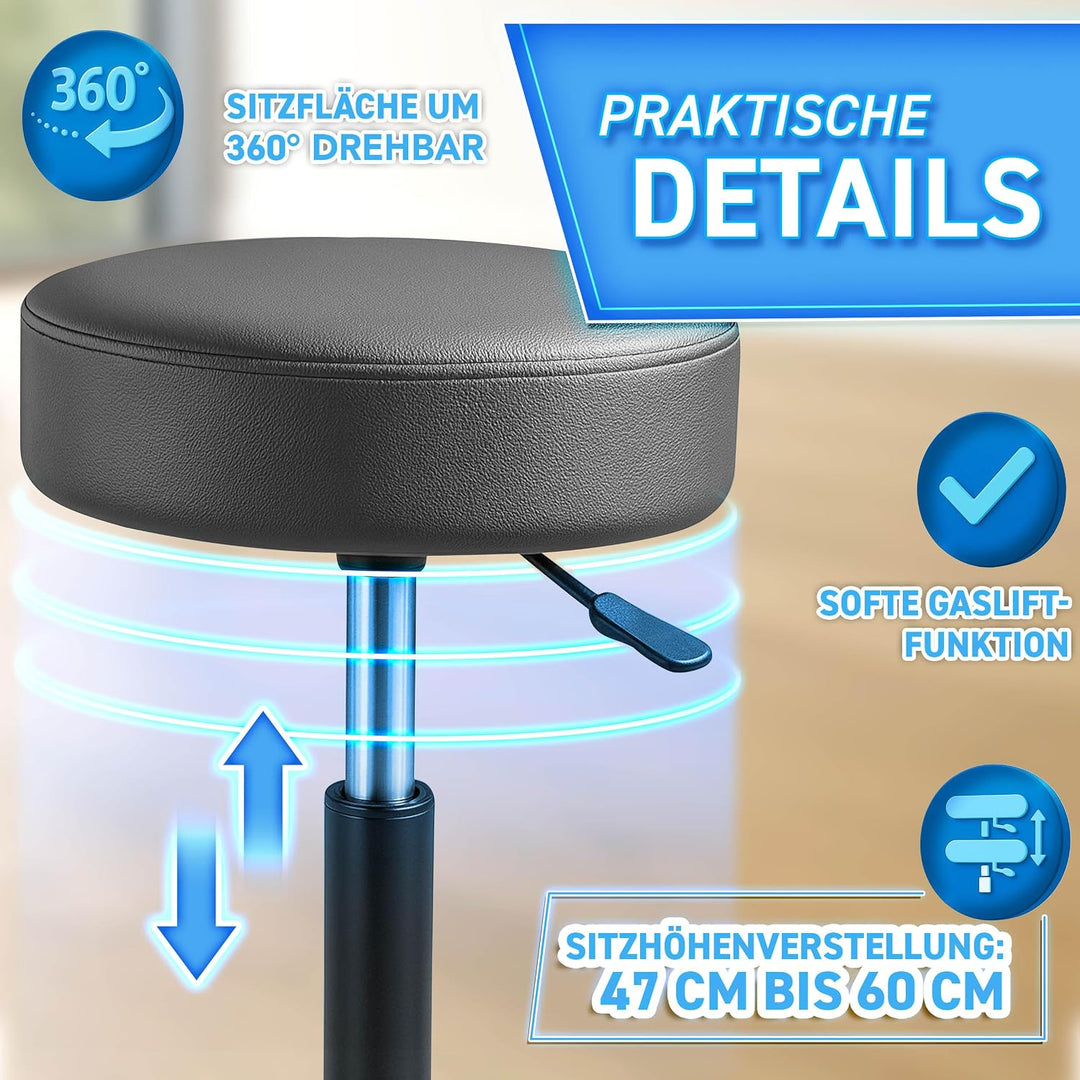 TRESKO® Rollhocker höhenverstellbar 10 cm Dicke Polsterung bis 150 kg | Hocker 47-60cm | Arbeitshock