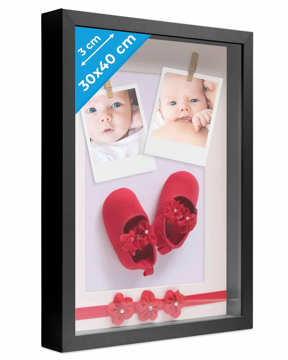 PHOTOLINI 3D Bilderrahmen zum Befüllen 30x40 Schwarz gross, 3 cm tiefer Objektrahmen mit Glas, tiefe