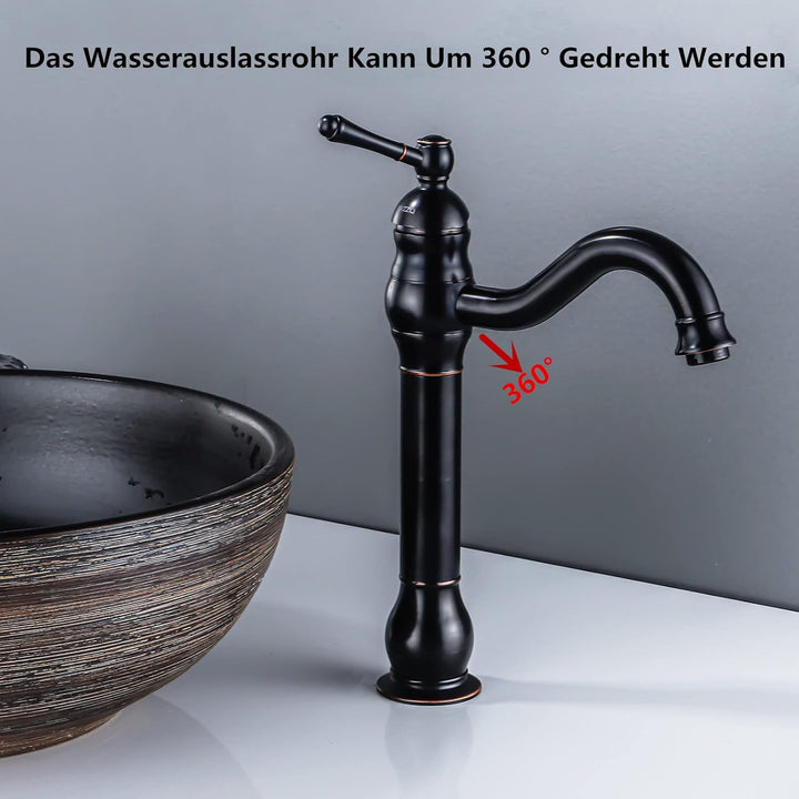 FWZZQ Wasserhahn Bad Schwarz Retro, Waschtischarmatur Hoch 360°Schwenkbar, Einhebel Waschbecken Arma
