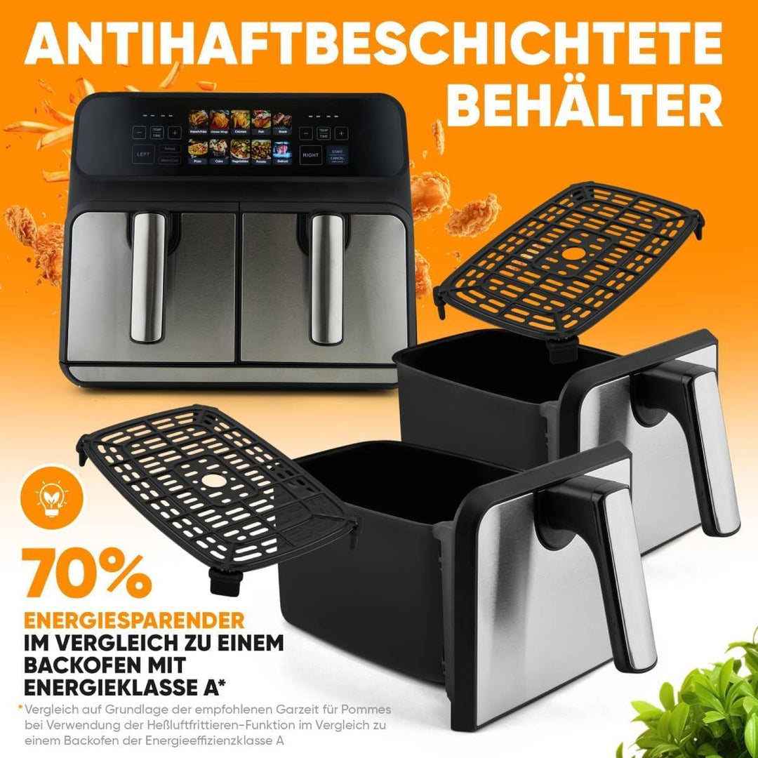 ProfiCook® Heissluftfritteuse 2 Kammern | 8L Heissluftfritteuse Doppelkammer | kein Öl oder Fett | A
