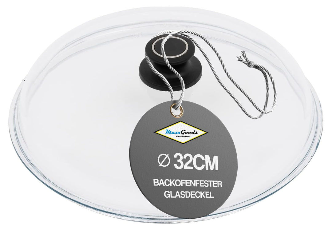 MaxxGoods Simax Glasdeckel Ø 32 cm mit Knopf & Backofenfest | automatisches Entlüftungsventil | Hitz