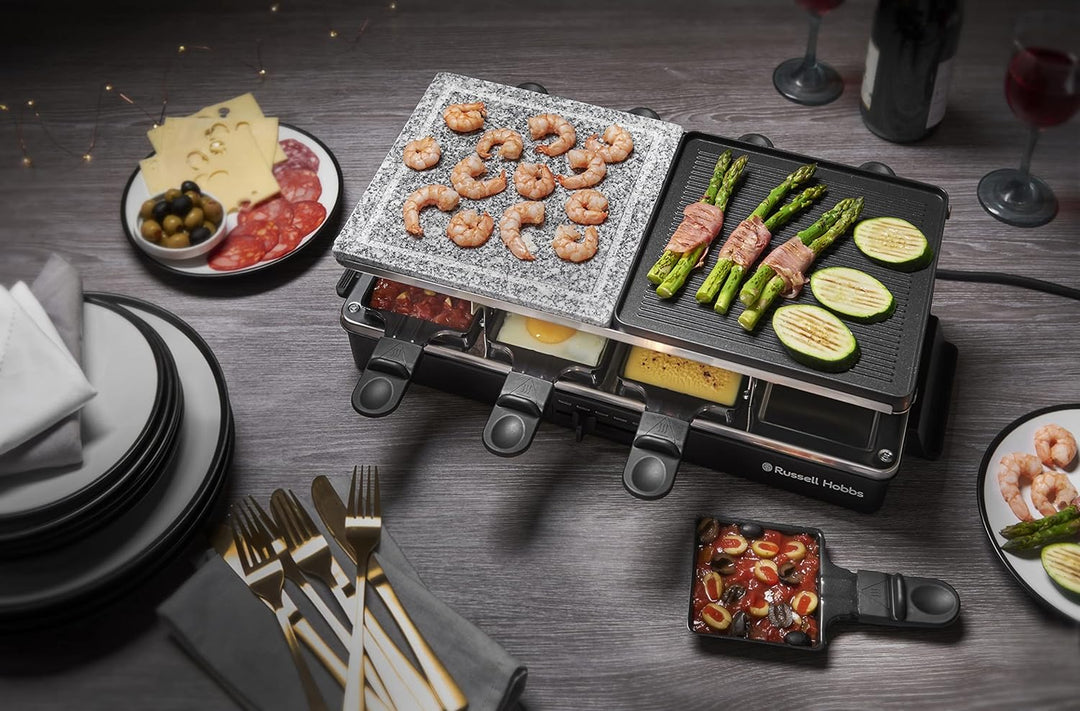 Russell Hobbs Raclette Grill 8 Personen (inkl. 8 Pfännchen & Holzspachtel,2 Tischgrill-Platten: Natu
