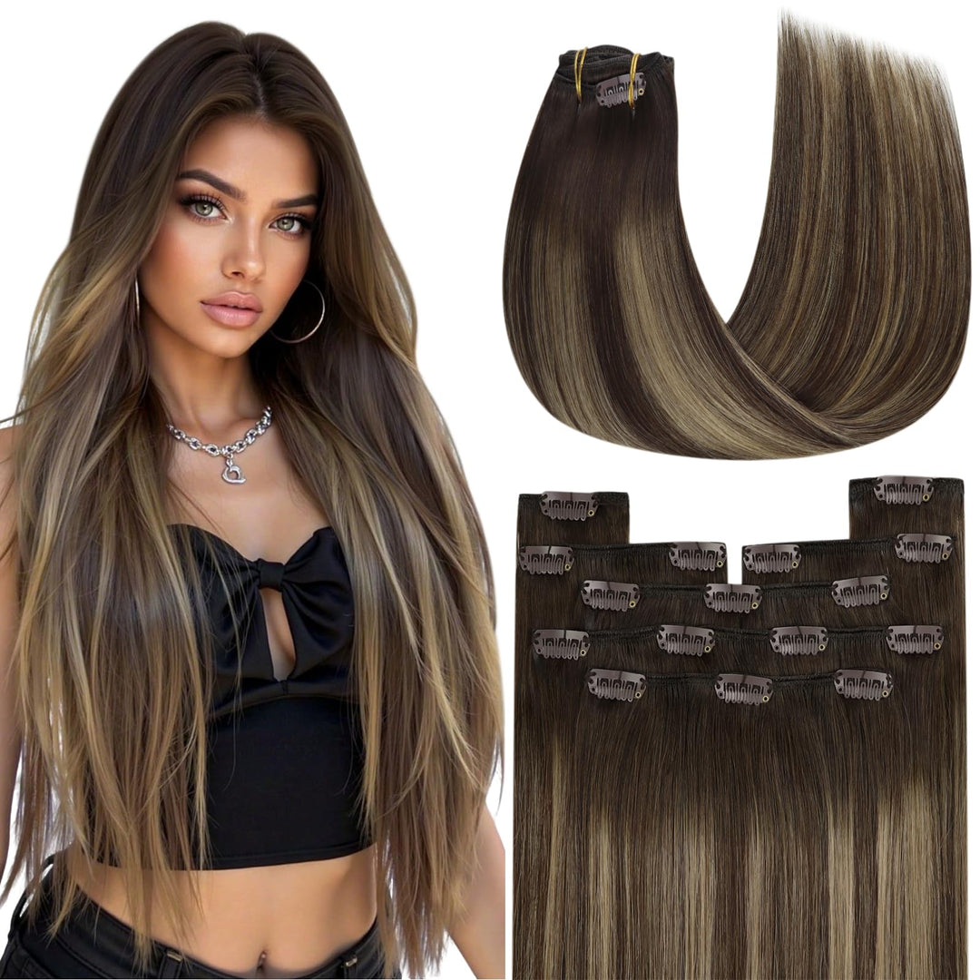 YoungSee Clip in Extensions Echthaar Ombre 30cm Echthaar Extensions Clip Dunkelbraun Balayage Karame