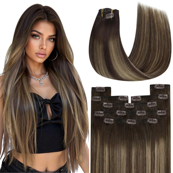 YoungSee Clip in Extensions Echthaar Ombre 30cm Echthaar Extensions Clip Dunkelbraun Balayage Karame