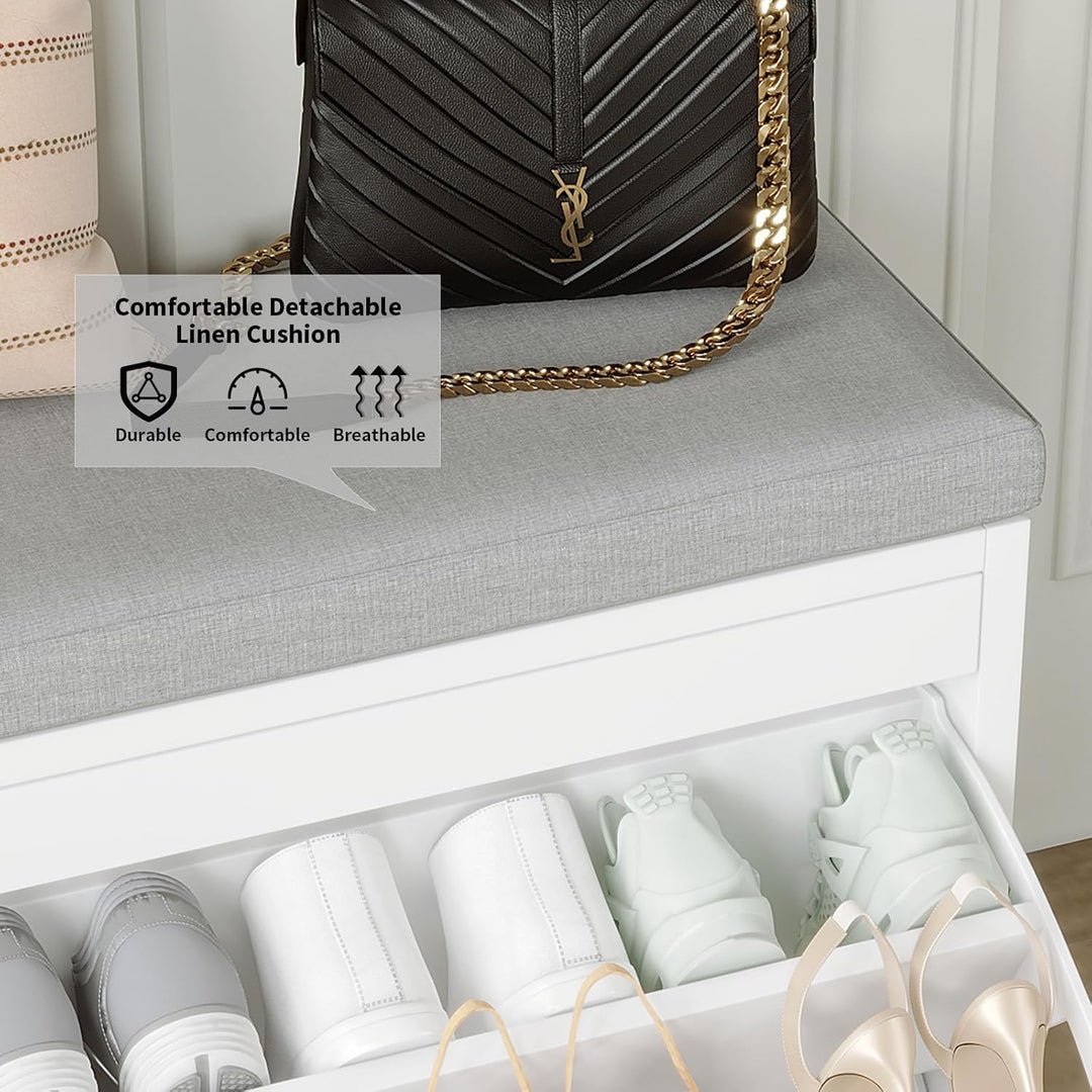 VOWNER Schuhschrank mit 2 Klappen, Schuhregal Schuhkipper Schmal, Sitzbank mit Sitzkissen, Verstellb