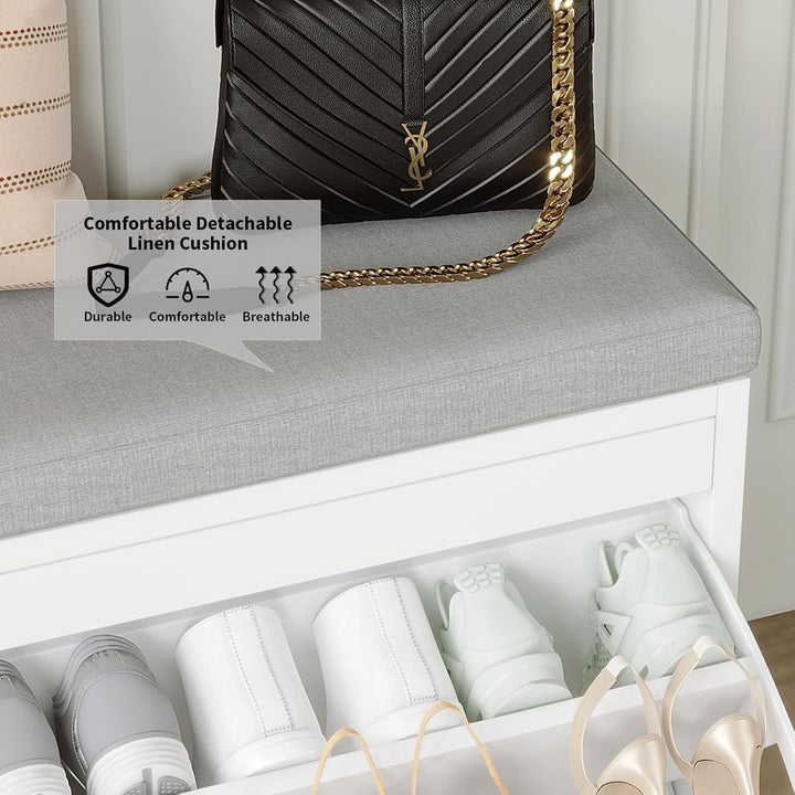 VOWNER Schuhschrank mit 2 Klappen, Schuhregal Schuhkipper Schmal, Sitzbank mit Sitzkissen, Verstellb