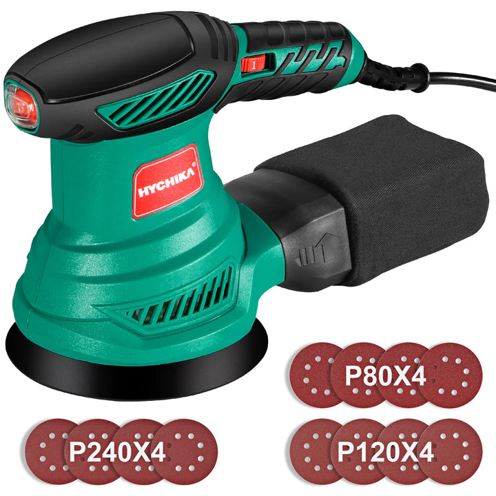 Exzenterschleifer, HYCHIKA 300W Schleifmaschine, 6 Gänge, mit 12 pcs Schleifpapier (Körnung 80/120/2