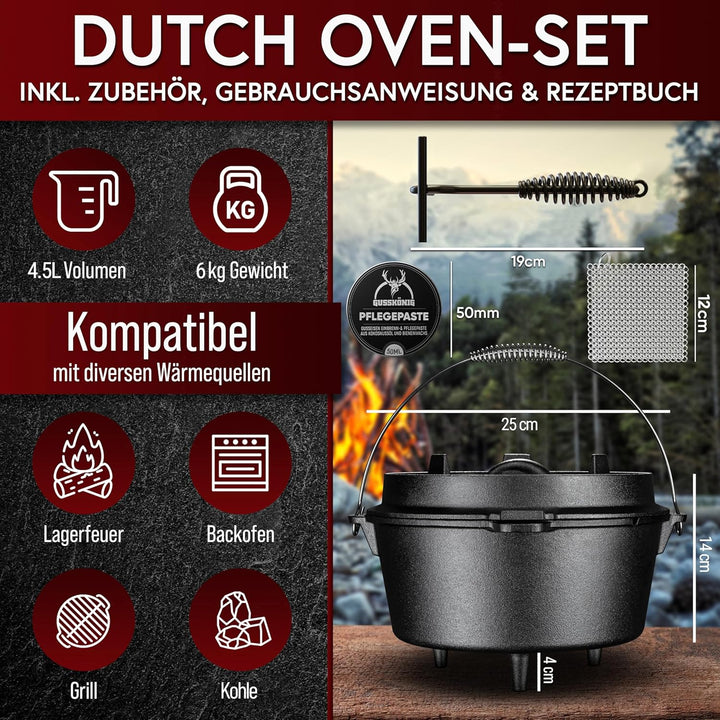 GUSSKÖNIG Dutch Oven Set [4.5L] - Eingebrannter Feuertopf mit praktischem Deckelheber und Füssen Top