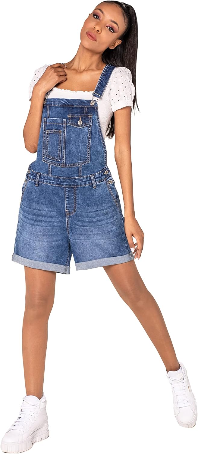Nina Carter S511 Damen Jeans Latzshorts – Kurze Latzhose aus Denim mit Brusttaschen &amp; Knöpfen – Somm