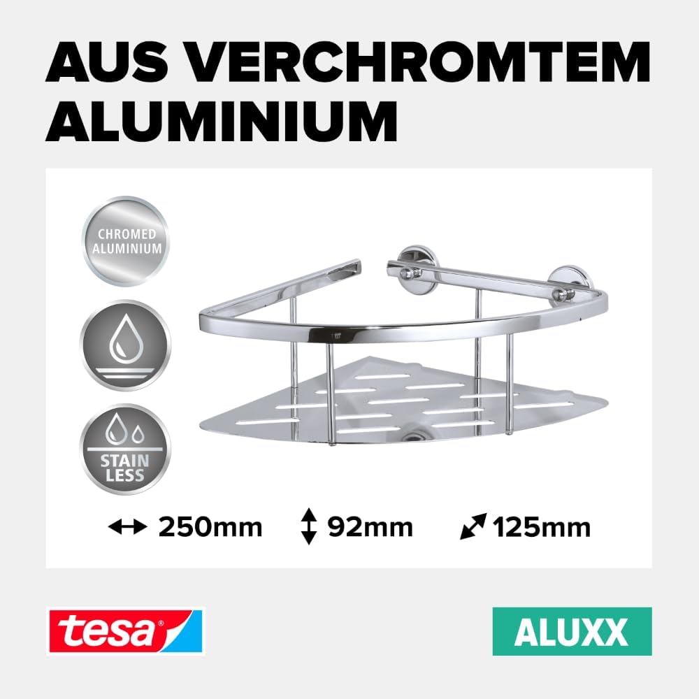 tesa ALUXX Eckablage für die Dusche, Aluminium, verchromt, rostfrei, inkl. Klebelösung, tiefer Boden